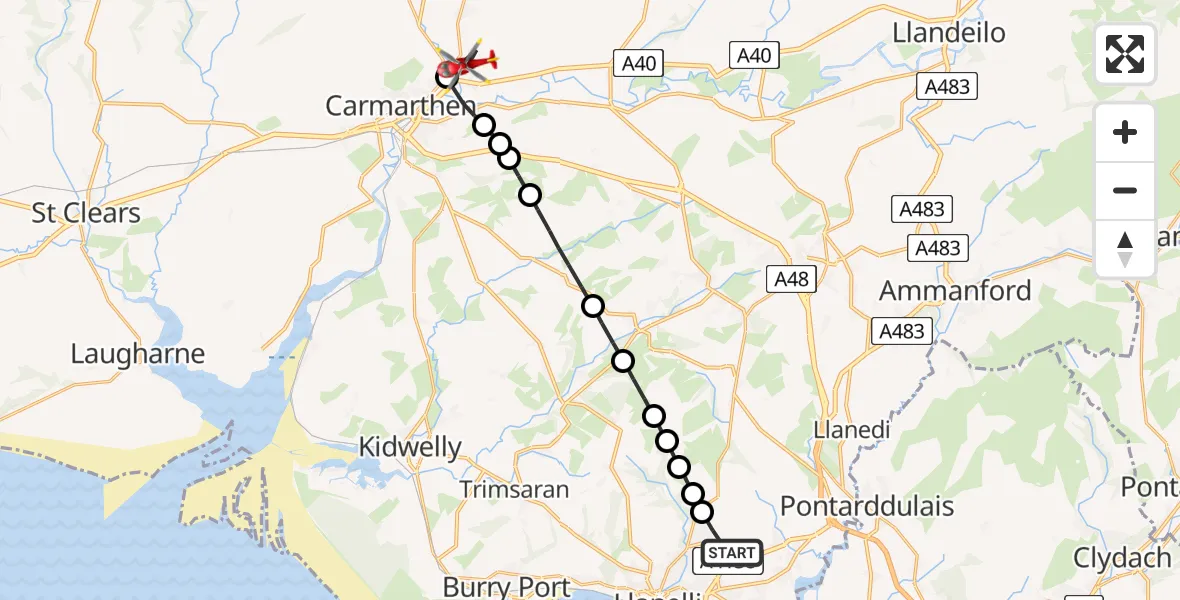 Flight path map showing Air Ambulance Helicopter route from Dafen to Abergwili