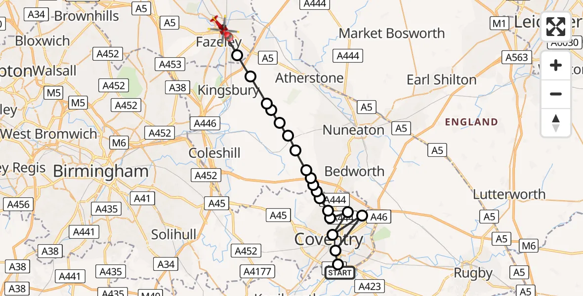 Flight path map showing Air Ambulance Helicopter route from Warwick to Tamworth