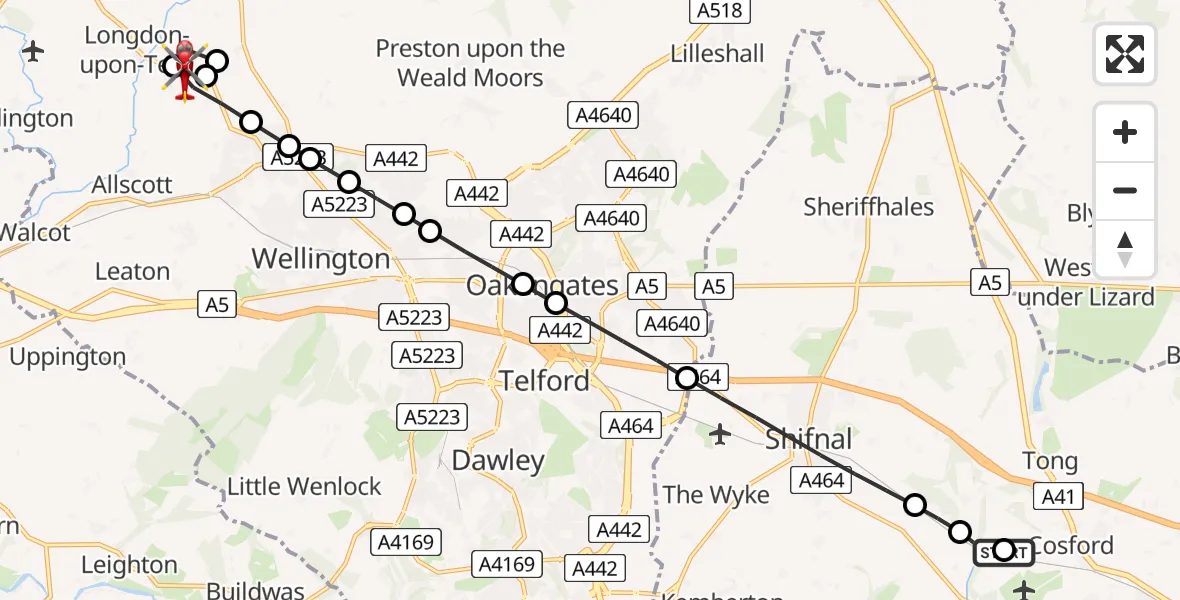 Flight path map showing Air Ambulance Helicopter route from RAF Cosford to Longdon-upon-Tern