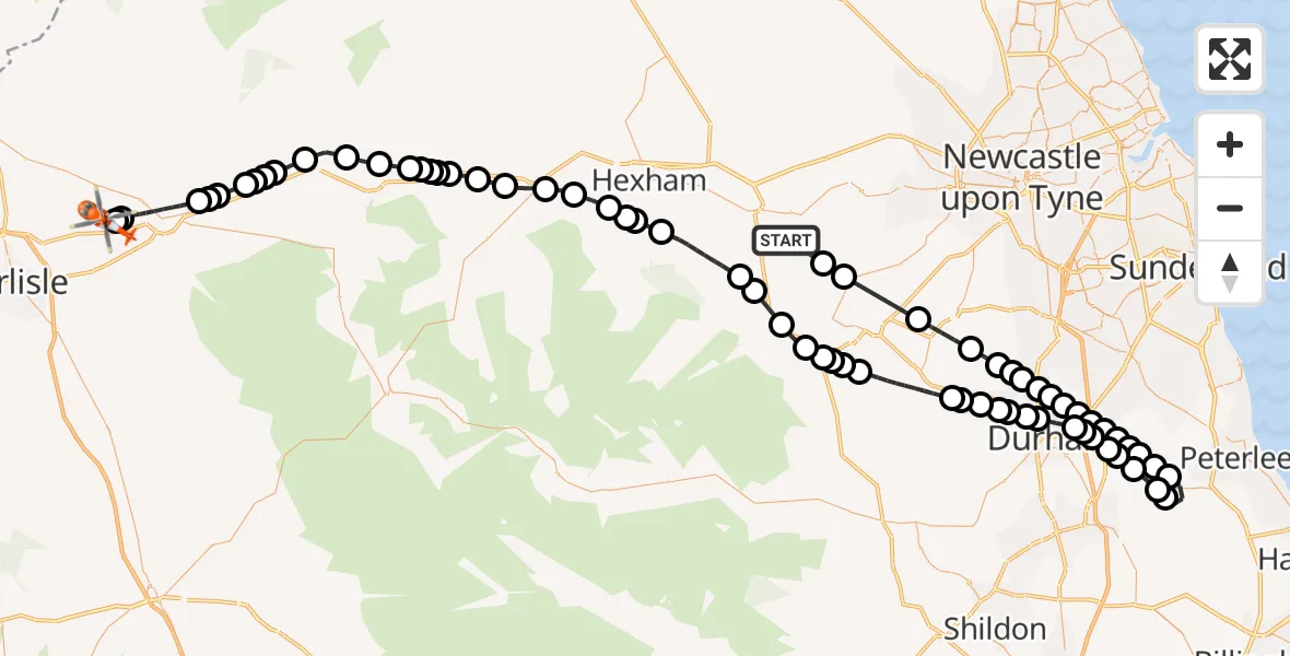 Flight path map showing Coastguard Helicopter route from Stocksfield to Carlisle Lake District Airport