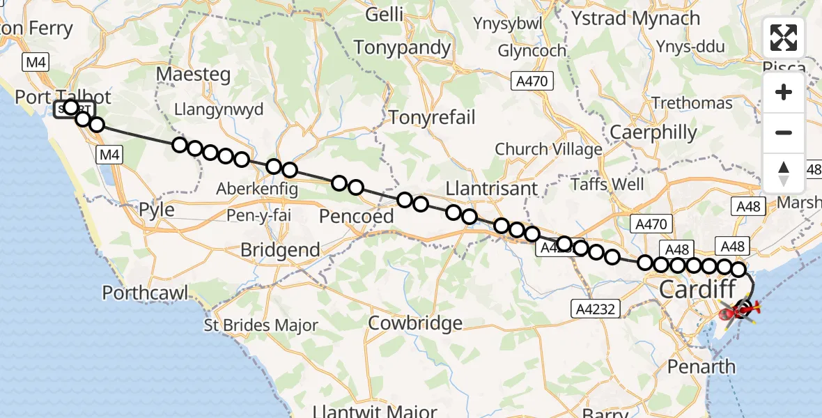 Flight path map showing Air Ambulance Helicopter route from Port Talbot to Cardiff Heliport