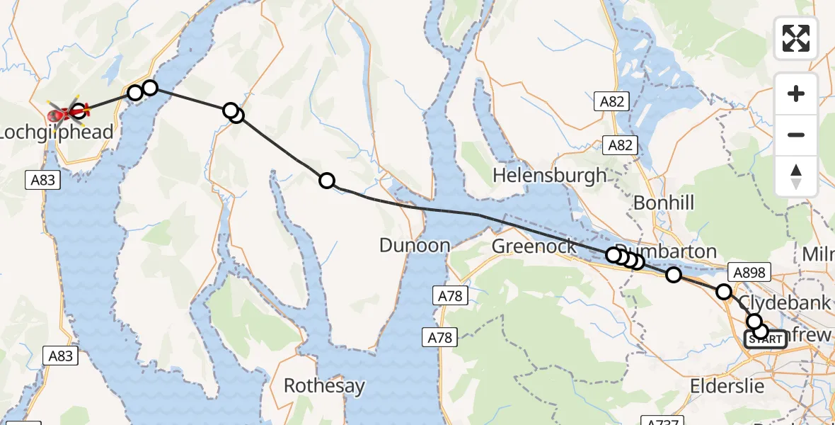 Flight path map showing Air Ambulance Helicopter route from Glasgow Airport to Lochgilphead