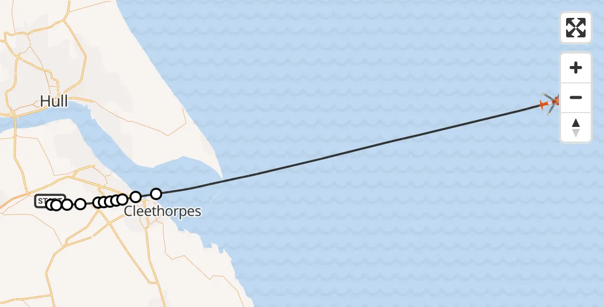 Flight path map showing Coastguard Helicopter route from Humberside Airport to North Sea