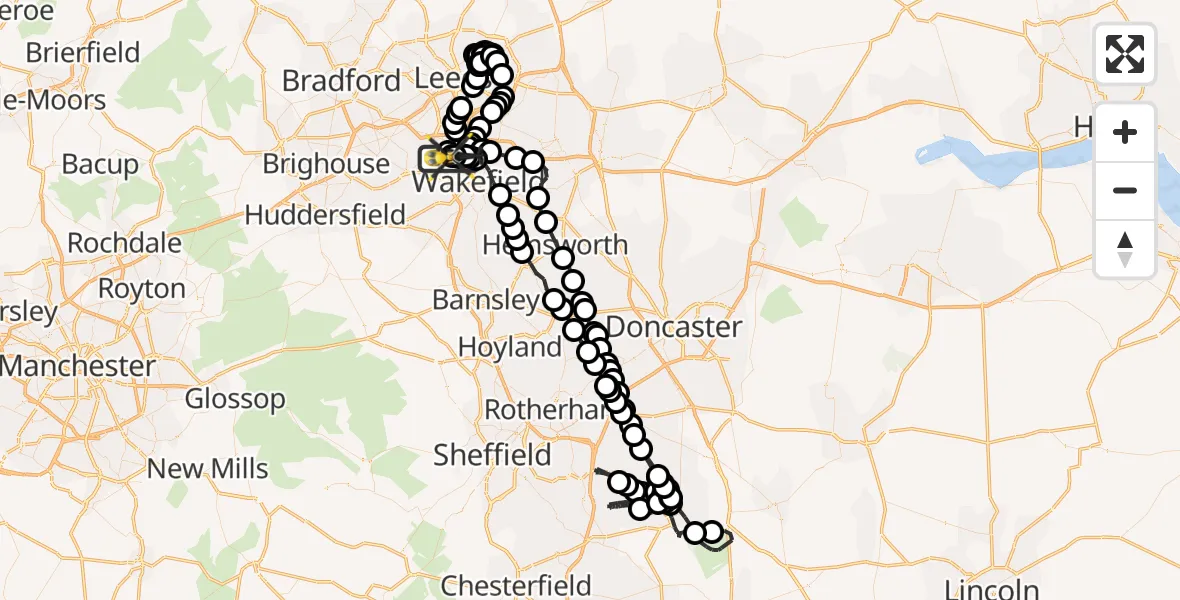Flight path map showing Police Helicopter route from East Ardsley to Wrenthorpe