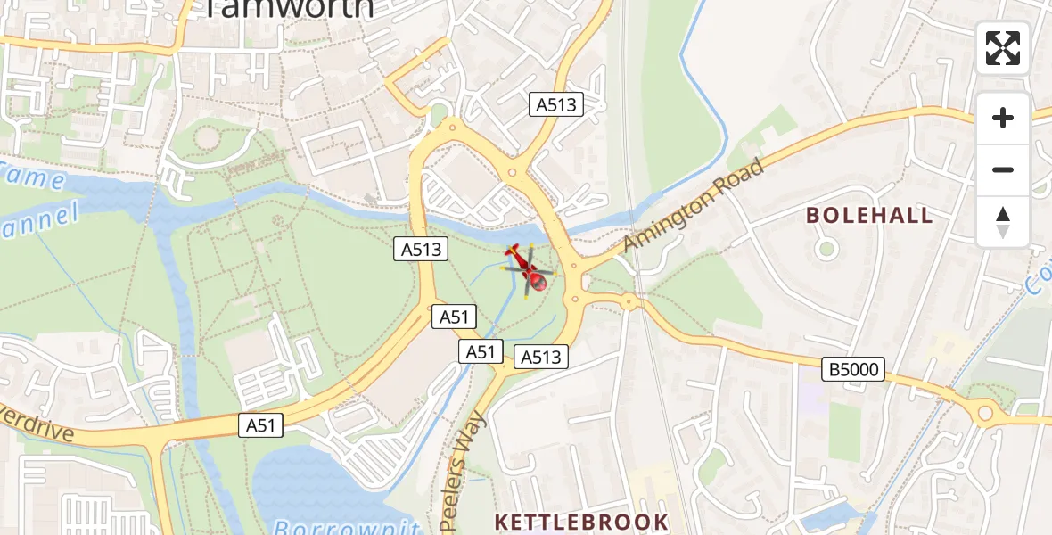 Flight path map showing Air Ambulance Helicopter route from Tamworth to Tamworth
