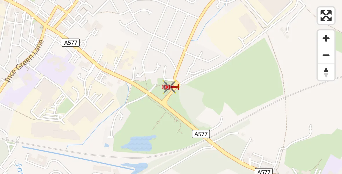 Flight path map showing Air Ambulance Helicopter route from Hindley to Hindley