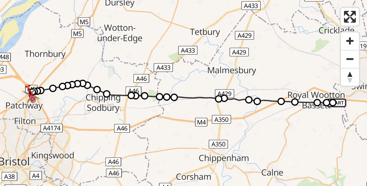 Flight path map showing Air Ambulance Helicopter route from Lydiard Tregoze to Almondsbury Helicopter Base