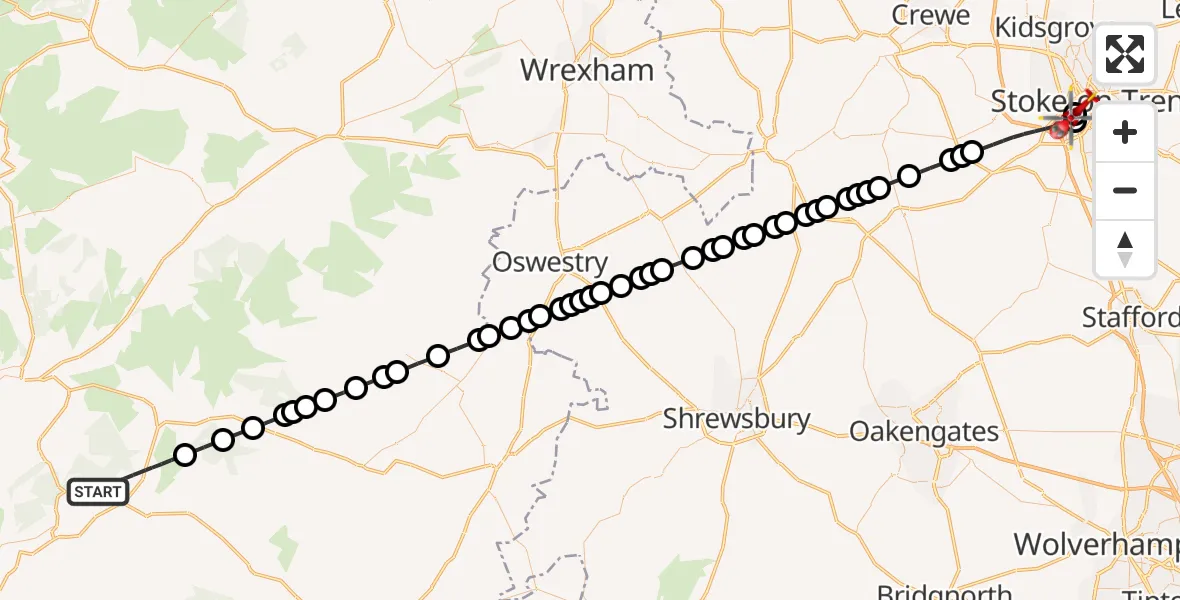 Flight path map showing Air Ambulance Helicopter route from Glantwymyn to University Hospital North Staffs