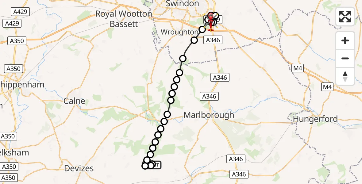 Flight path map showing Air Ambulance Helicopter route from Woodborough to Great Western Hospital