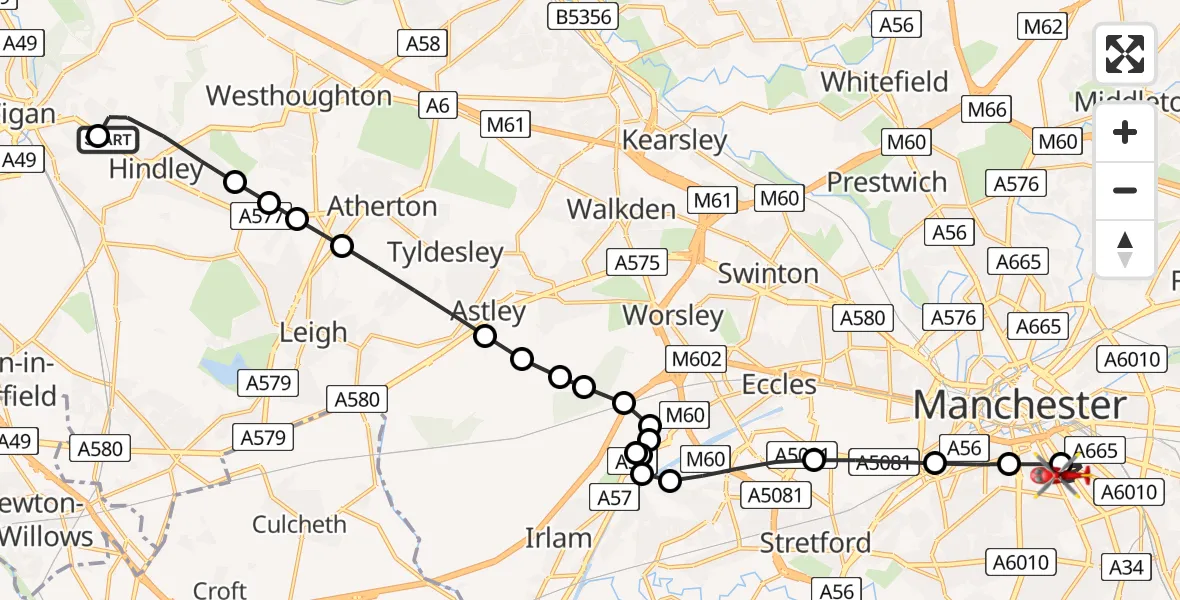 Flight path map showing Air Ambulance Helicopter route from Hindley to City Centre
