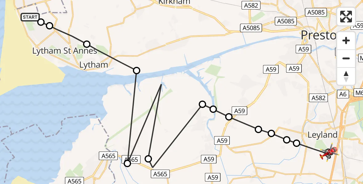 Flight path map showing Air Ambulance Helicopter route from Blackpool Airport to Leyland