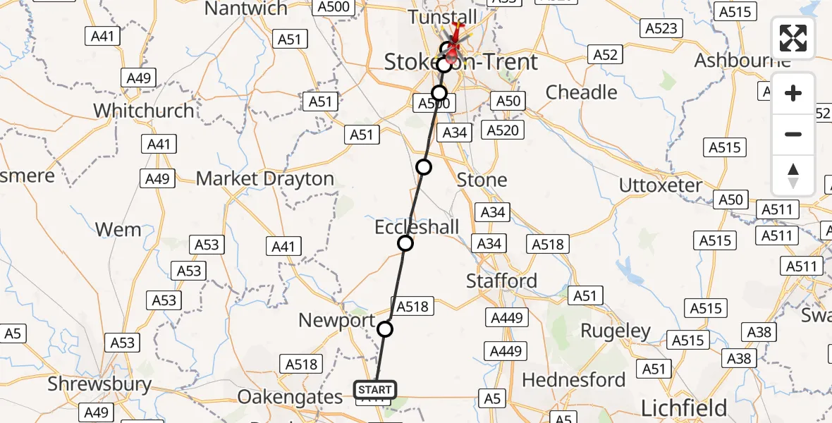 Flight path map showing Air Ambulance Helicopter route from Weston under Lizard to Burslem
