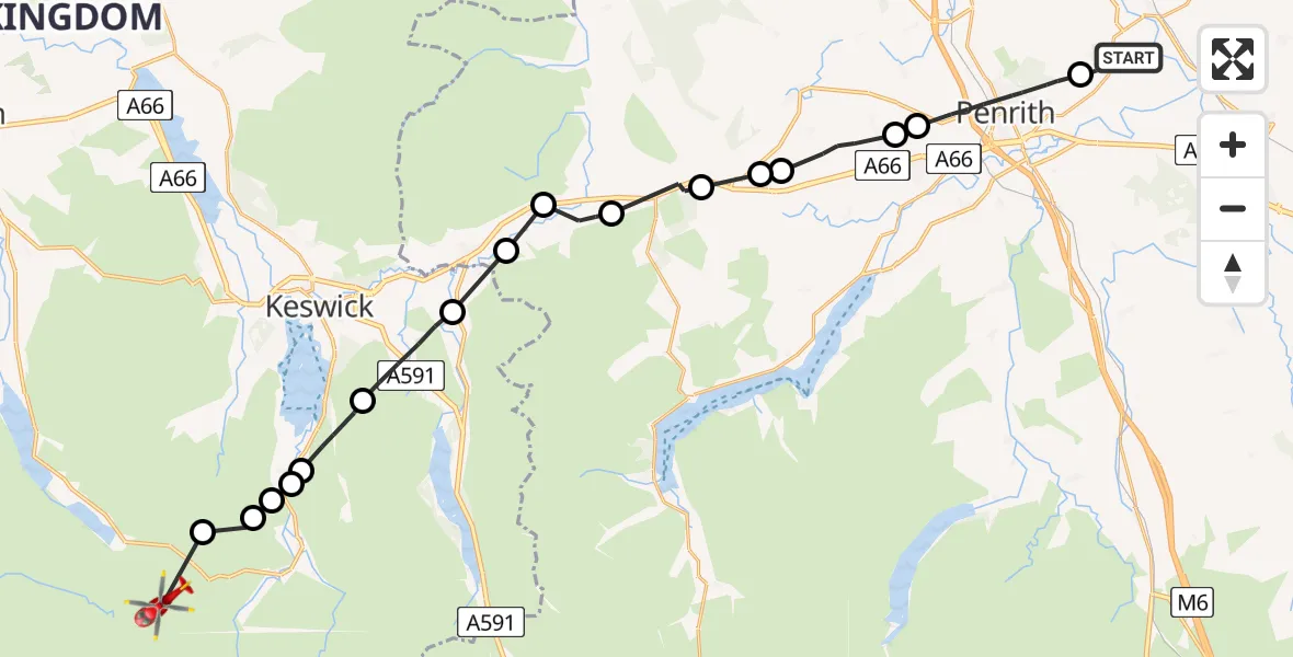Flight path map showing Air Ambulance Helicopter route from Edenhall to Buttermere