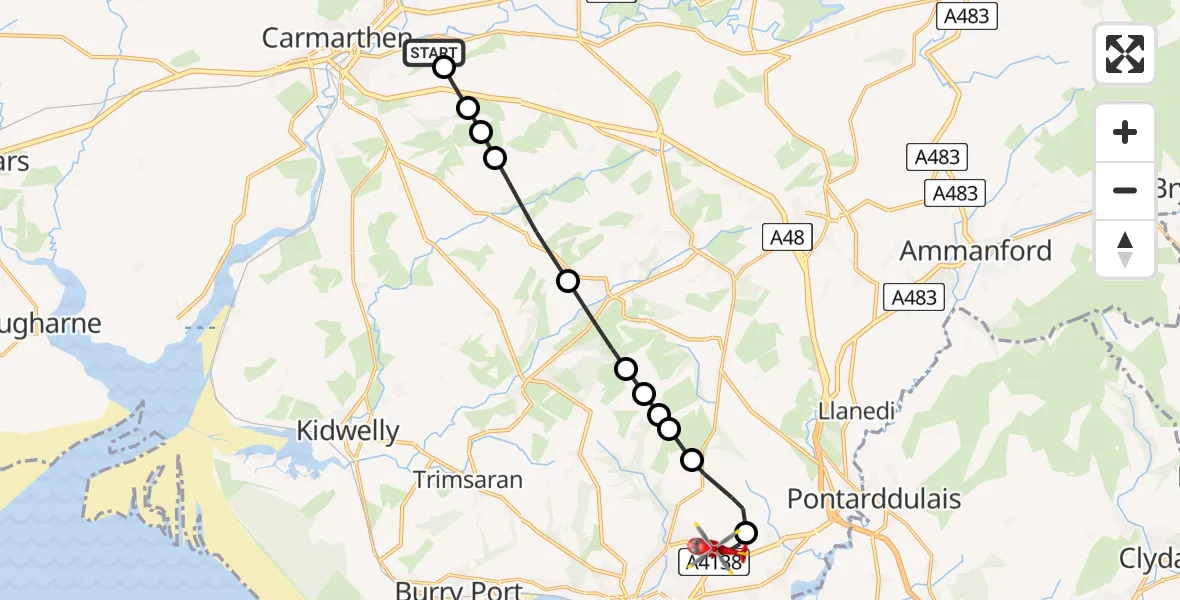 Flight path map showing Air Ambulance Helicopter route from Abergwili to Dafen