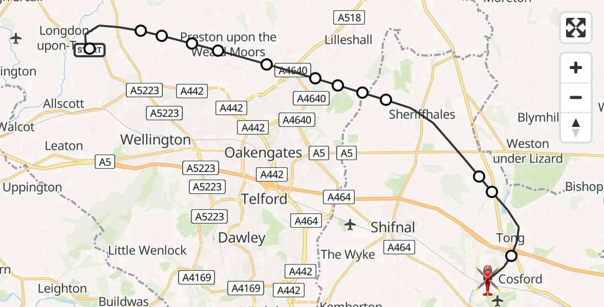 Flight path map showing Air Ambulance Helicopter route from Wrockwardine to Cosford