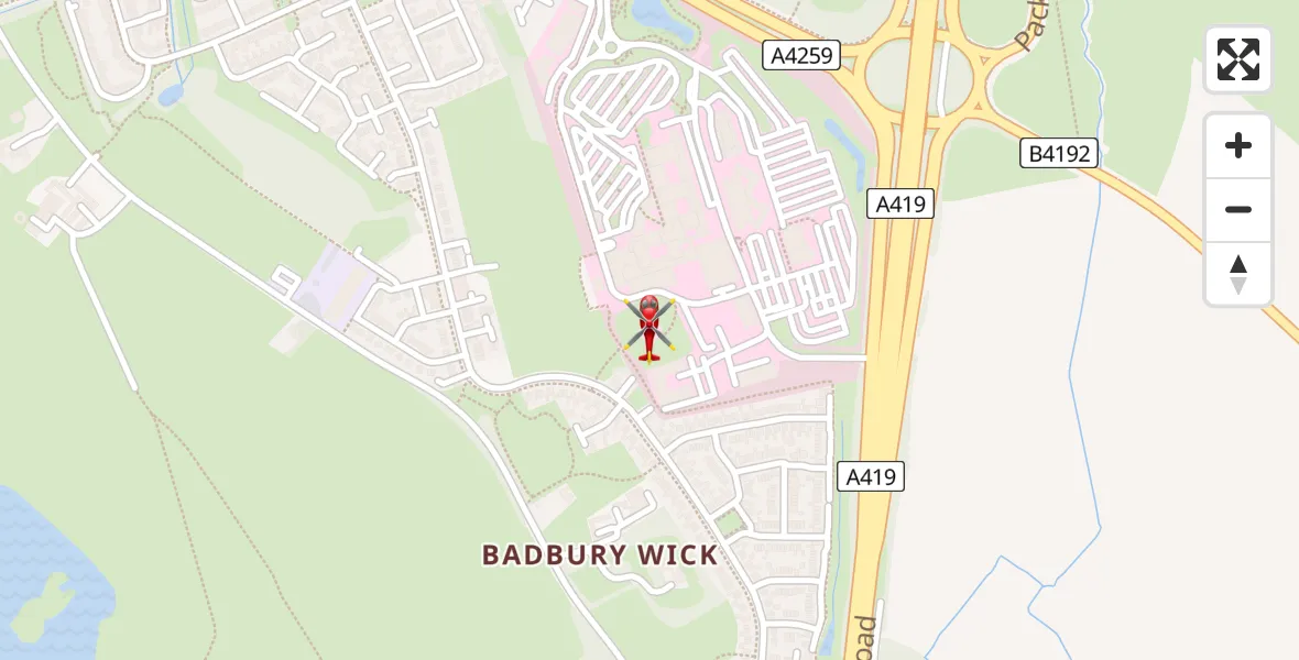 Flight path map showing Air Ambulance Helicopter route from Great Western Hospital to Great Western Hospital