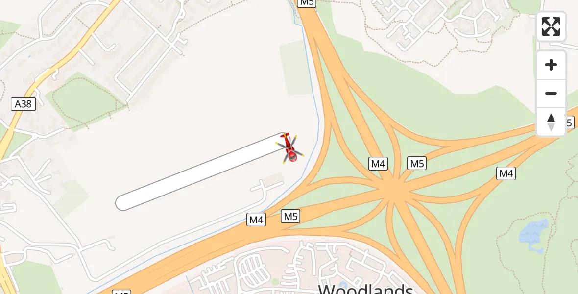Flight path map showing Air Ambulance Helicopter route from Almondsbury Helicopter Base to Almondsbury Helicopter Base