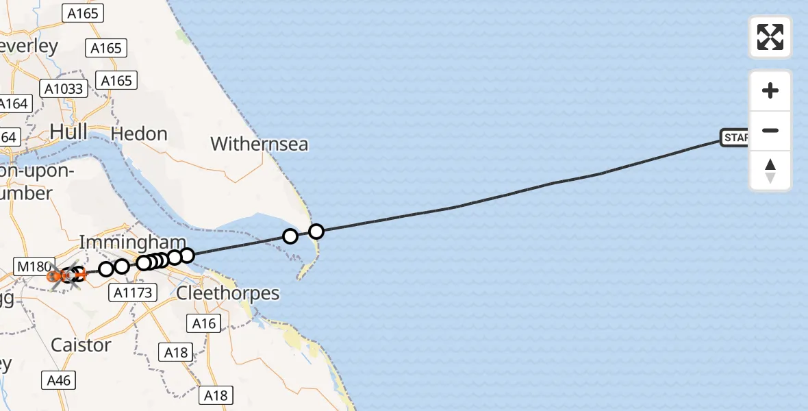 Flight path map showing Coastguard Helicopter route from North Sea to Humberside Airport