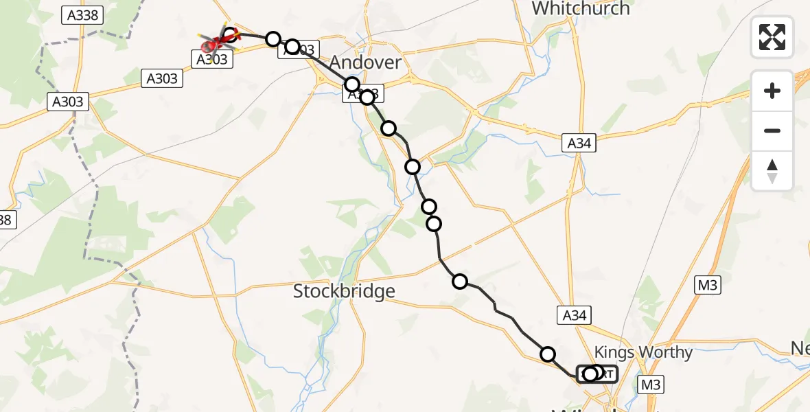 Flight path map showing Air Ambulance Helicopter route from Littleton to Fyfield