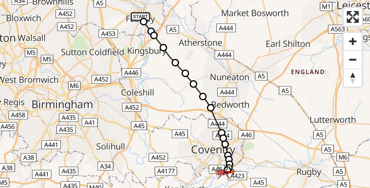 Flight path map showing Air Ambulance Helicopter route from Tamworth to Coventry Airport