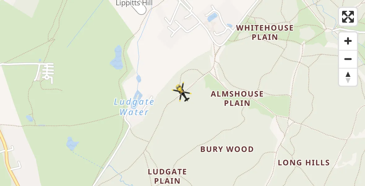 Flight path map showing Police Helicopter route from Metropolitan Police Air Support Unit Lippitts Hill to Metropolitan Police Air Support Unit Lippitts Hill