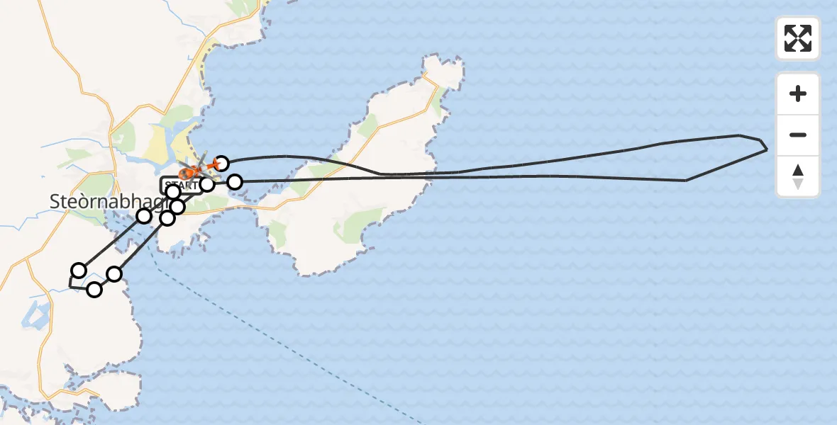Flight path map showing Coastguard Helicopter route from Stornoway Airport to Stornoway Airport