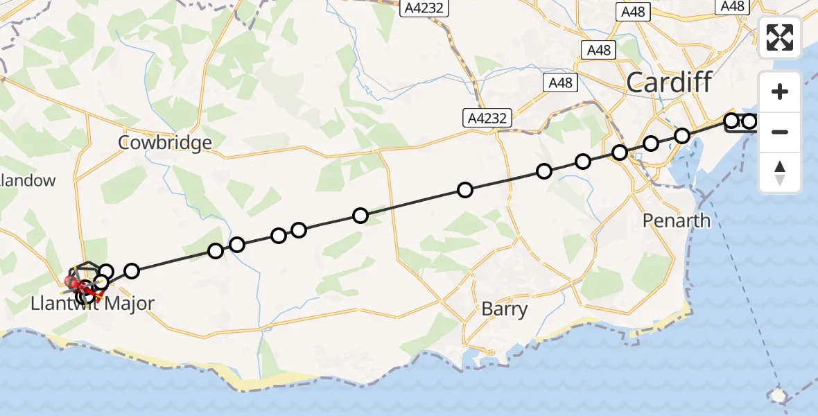 Flight path map showing Air Ambulance Helicopter route from Cardiff Heliport to Llantwit Major