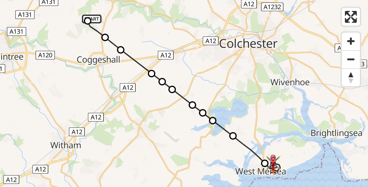 Flight path map showing Air Ambulance Helicopter route from Earls Colne Airfield to West Mersea