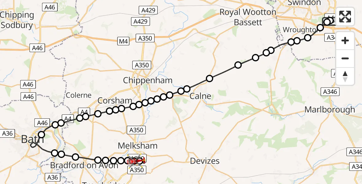 Flight path map showing Air Ambulance Helicopter route from Great Western Hospital to Melksham