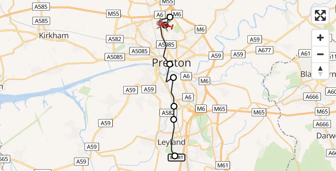 Flight path map showing Air Ambulance Helicopter route from Chorley to Preston
