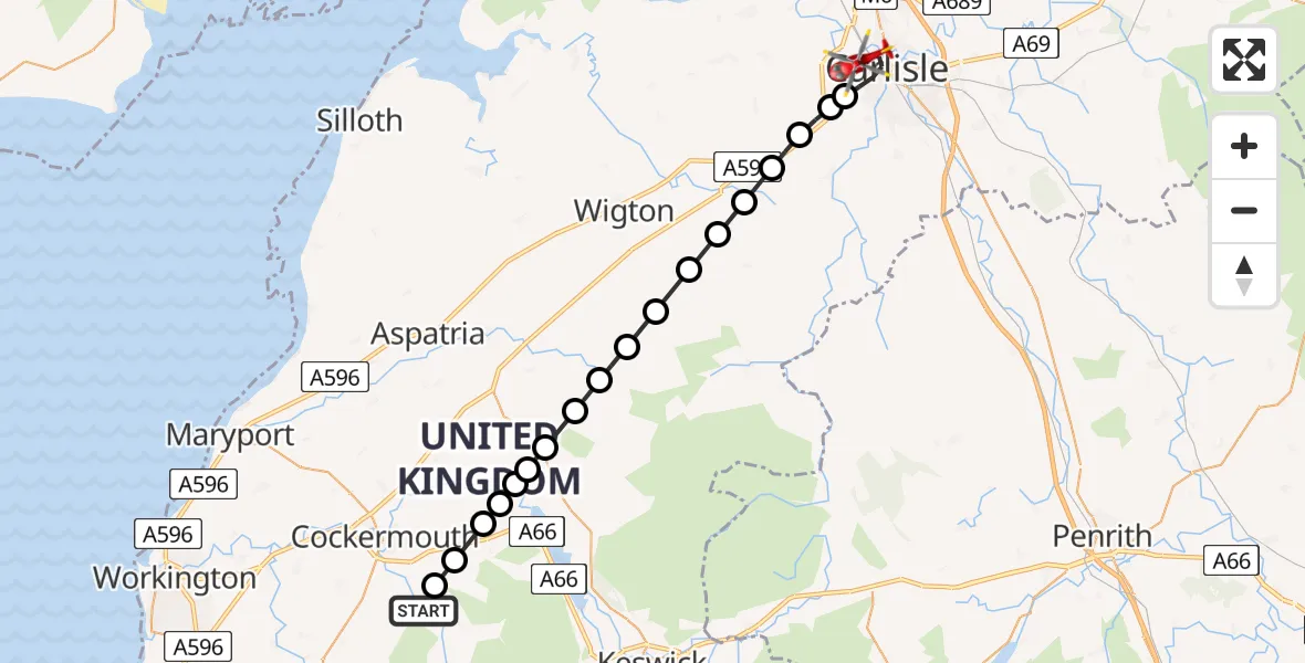 Flight path map showing Air Ambulance Helicopter route from High Lorton to Carlisle General