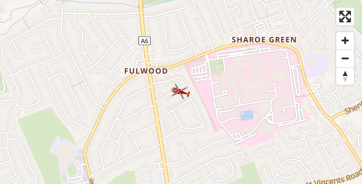 Flight path map showing Air Ambulance Helicopter route from Royal Preston to Royal Preston