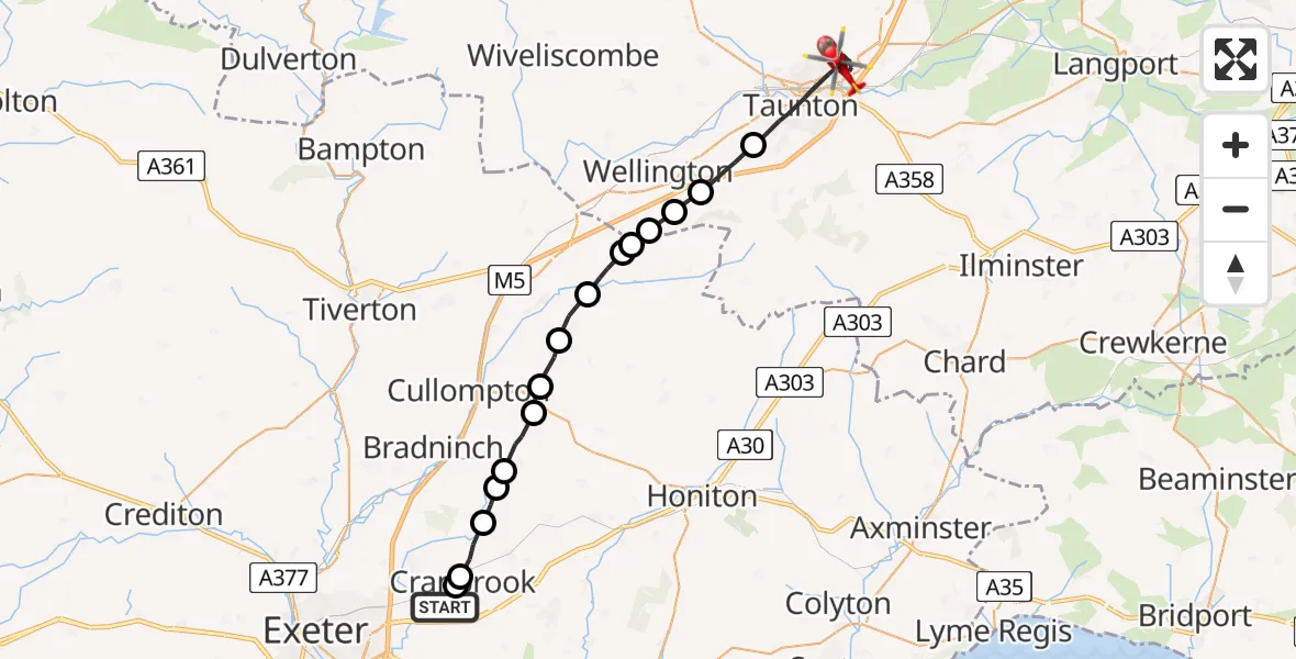 Flight path map showing Air Ambulance Helicopter route from Exeter International Airport to Taunton