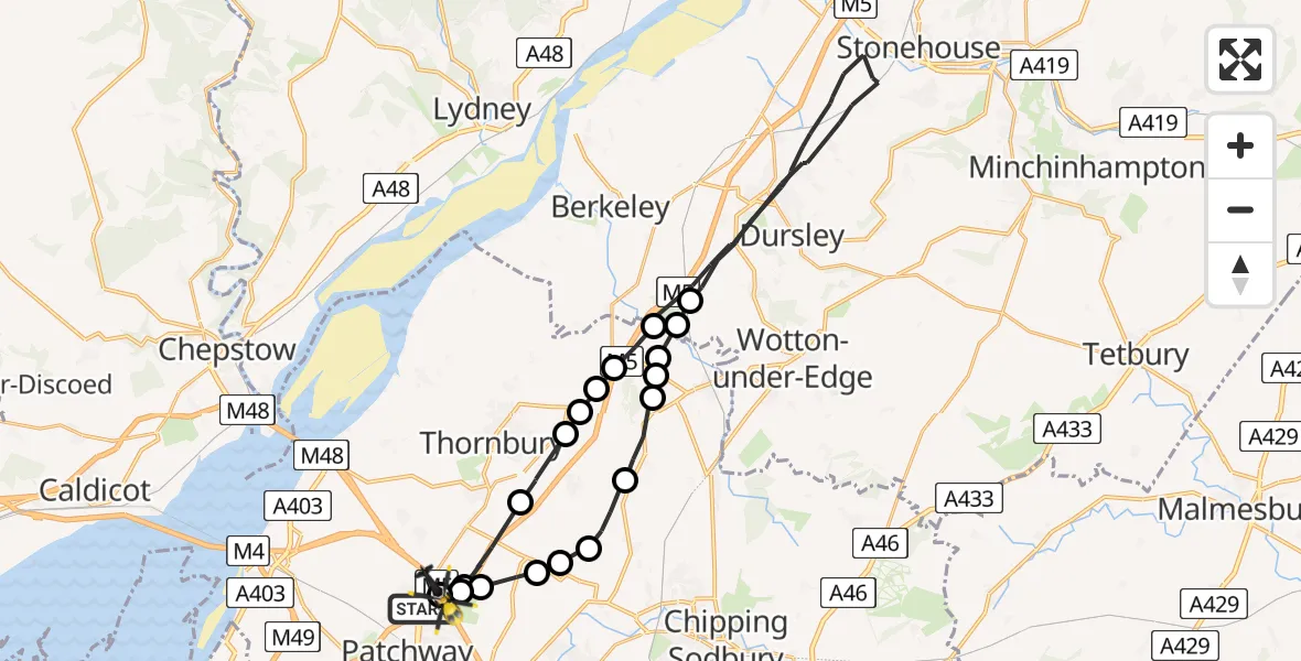 Flight path map showing Police Helicopter route from Almondsbury Helicopter Base to Almondsbury Helicopter Base