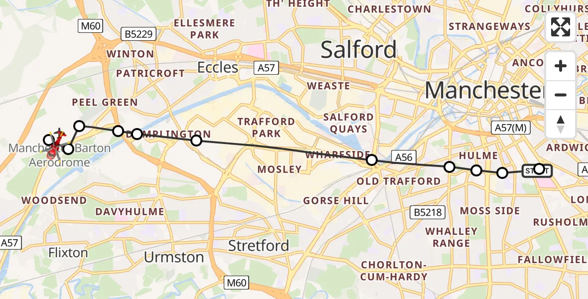 Flight path map showing Air Ambulance Helicopter route from Ardwick to Manchester Barton Aerodrome