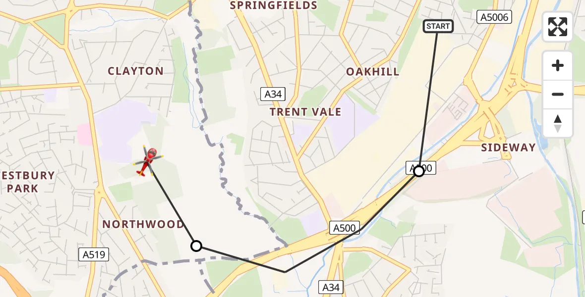 Flight path map showing Air Ambulance Helicopter route from Stoke to Newcastle-under-Lyme