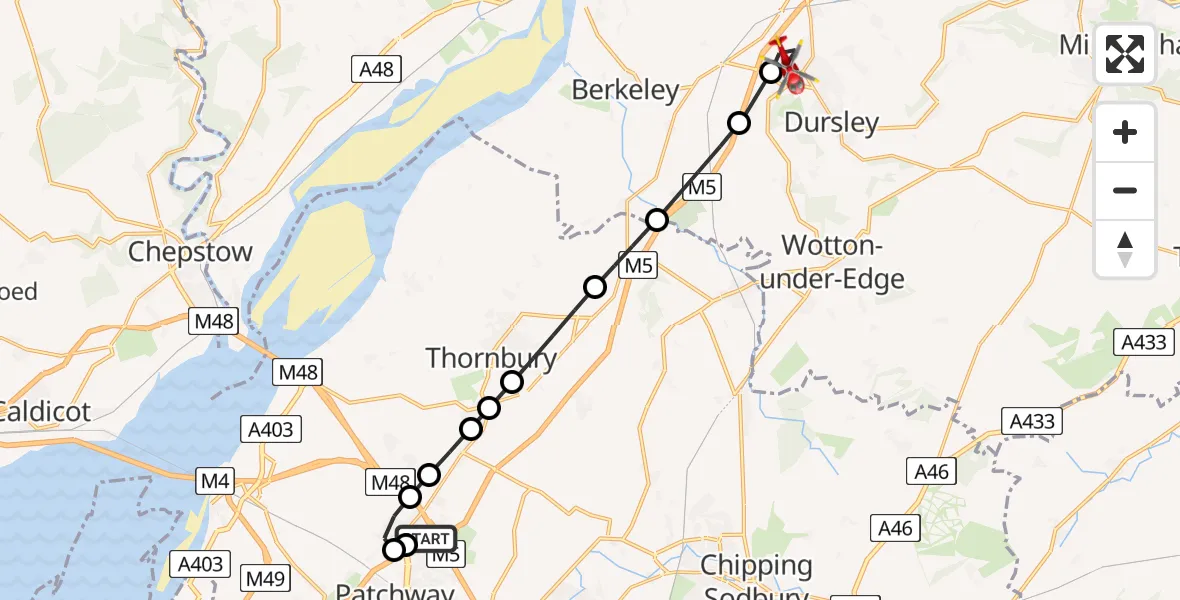 Flight path map showing Air Ambulance Helicopter route from Almondsbury Helicopter Base to Stroud