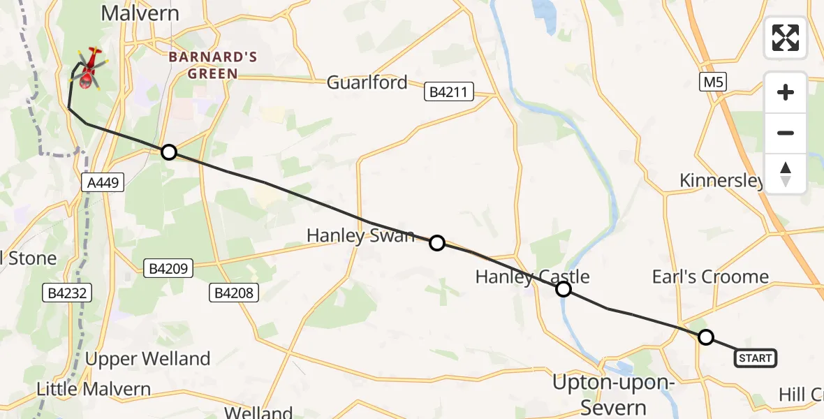 Flight path map showing Air Ambulance Helicopter route from Ripple to Malvern