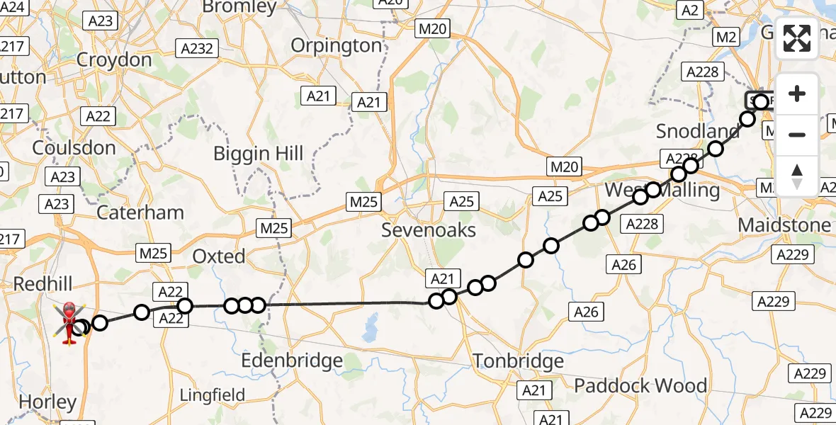 Flight path map showing Air Ambulance Helicopter route from Rochester Airport to Redhill Aerodrome