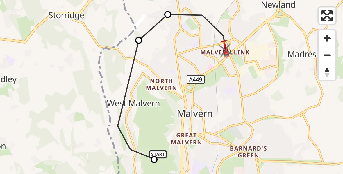 Flight path map showing Air Ambulance Helicopter route from Malvern to Malvern