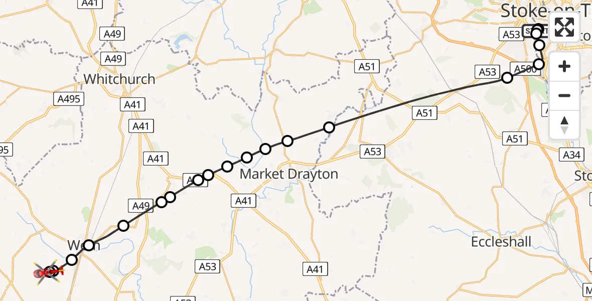 Flight path map showing Air Ambulance Helicopter route from University Hospital North Staffs to Sleap Airfield