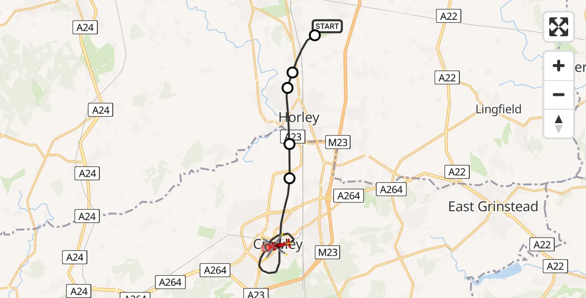 Flight path map showing Air Ambulance Helicopter route from Redhill Aerodrome to Crawley