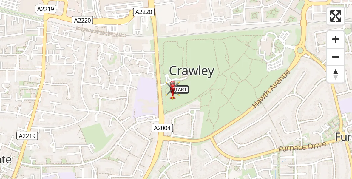 Flight path map showing Air Ambulance Helicopter route from Crawley to Crawley