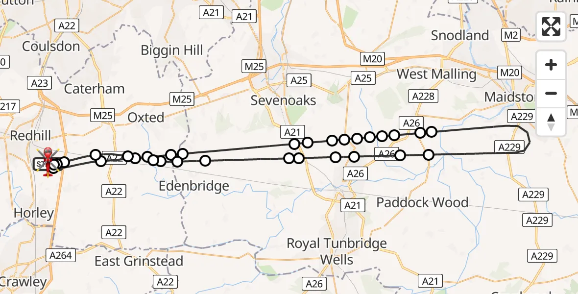 Flight path map showing Air Ambulance Helicopter route from Redhill Aerodrome to Redhill Aerodrome