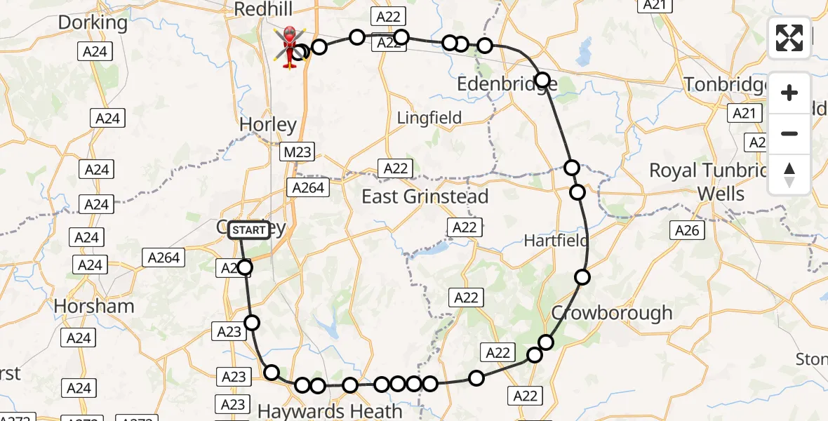 Flight path map showing Air Ambulance Helicopter route from Crawley to Redhill Aerodrome