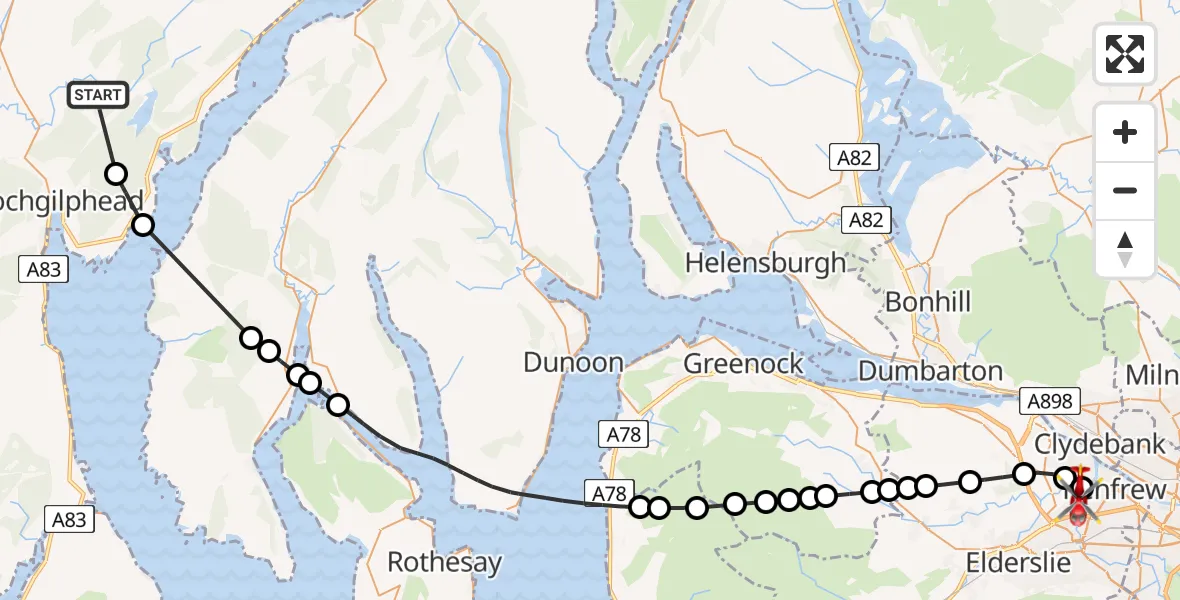 Flight path map showing Air Ambulance Helicopter route from Lochgilphead to Glasgow Airport