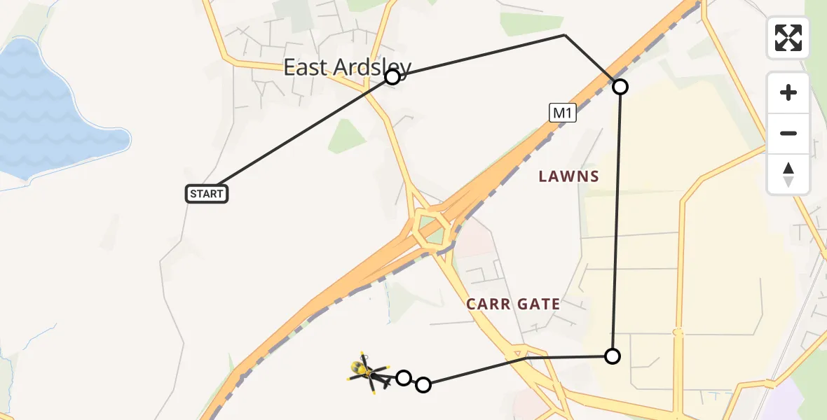 Flight path map showing Police Helicopter route from East Ardsley to East Ardsley