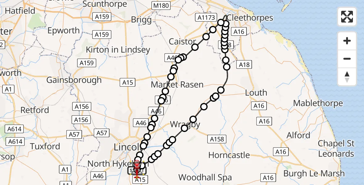 Flight path map showing Air Ambulance Helicopter route from RAF Waddington to North Kesteven