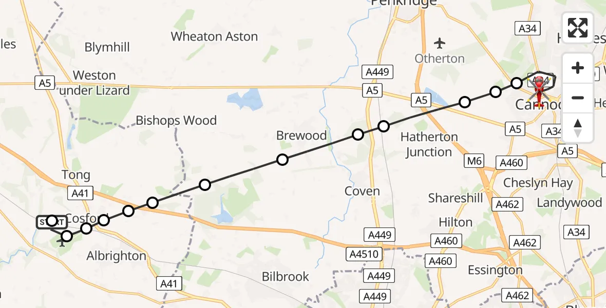 Flight path map showing Air Ambulance Helicopter route from RAF Cosford to Cannock