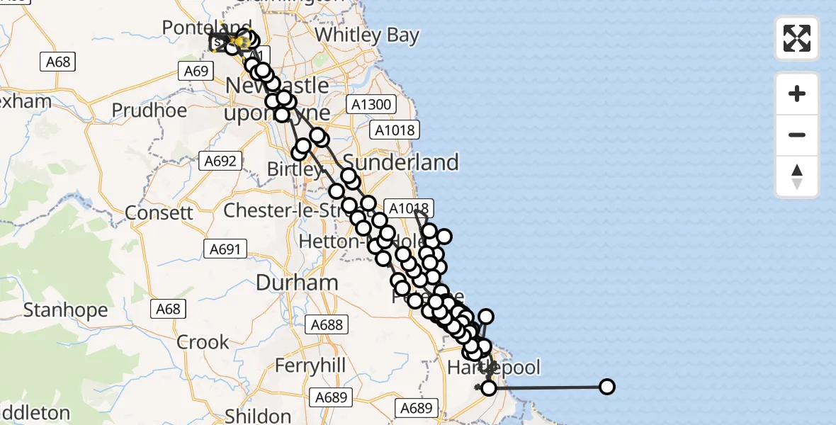 Flight path map showing Police Helicopter route from Newcastle International Airport to Newcastle International Airport